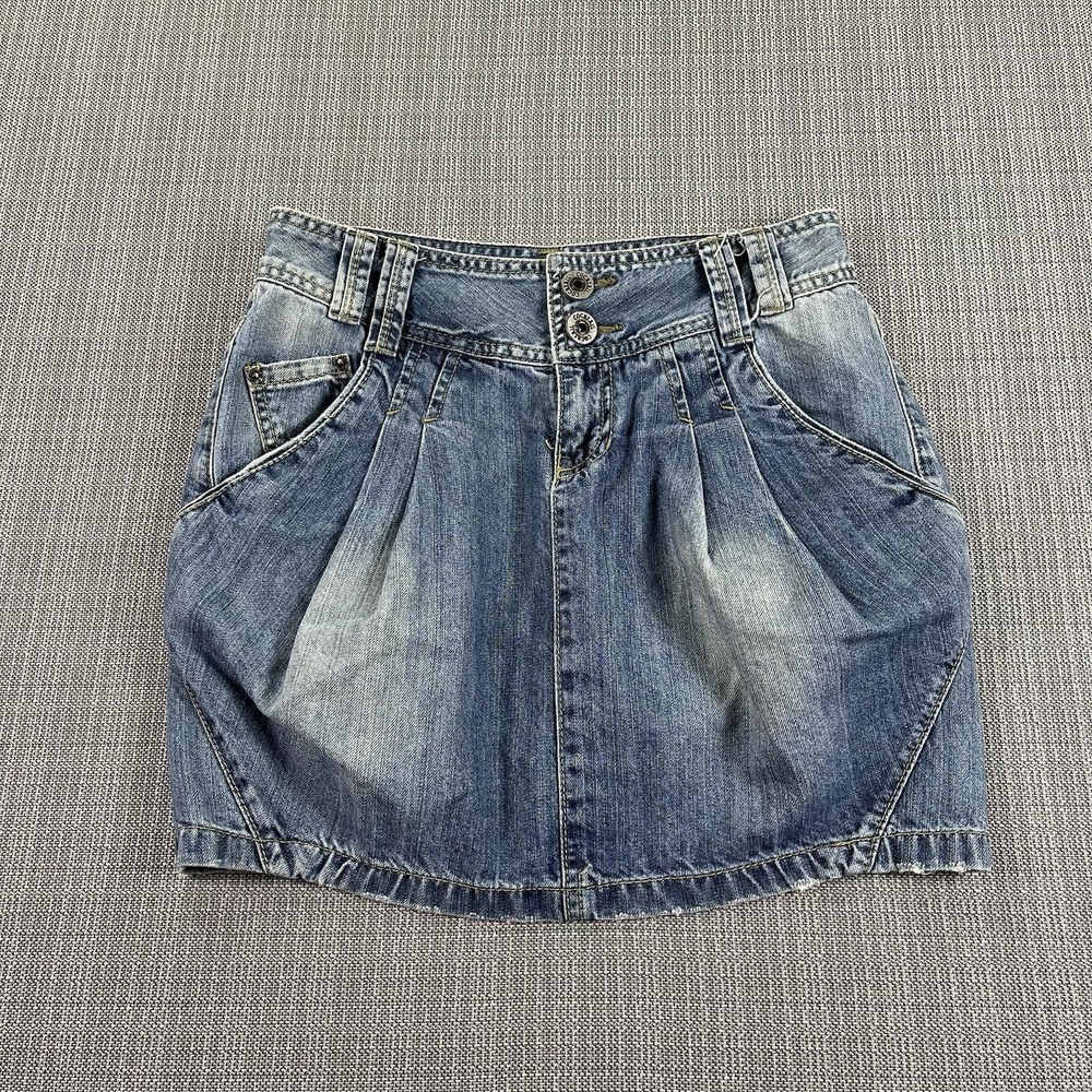 Vintage Cocktail Mini Denim Pleated Skirt Women's 28 Blue Stretch Y2K‎
